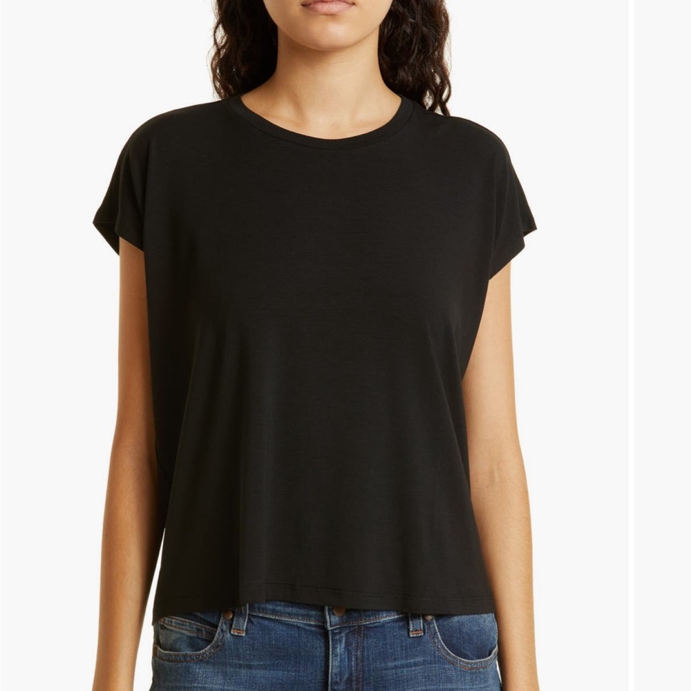 Eileen Fisher Black Crewneck Boxy Stretch Jersey Top